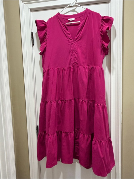 entro Dresses & Skirts - entro Hot Pink Tiered Maxi Dress with Flutter Sleeves